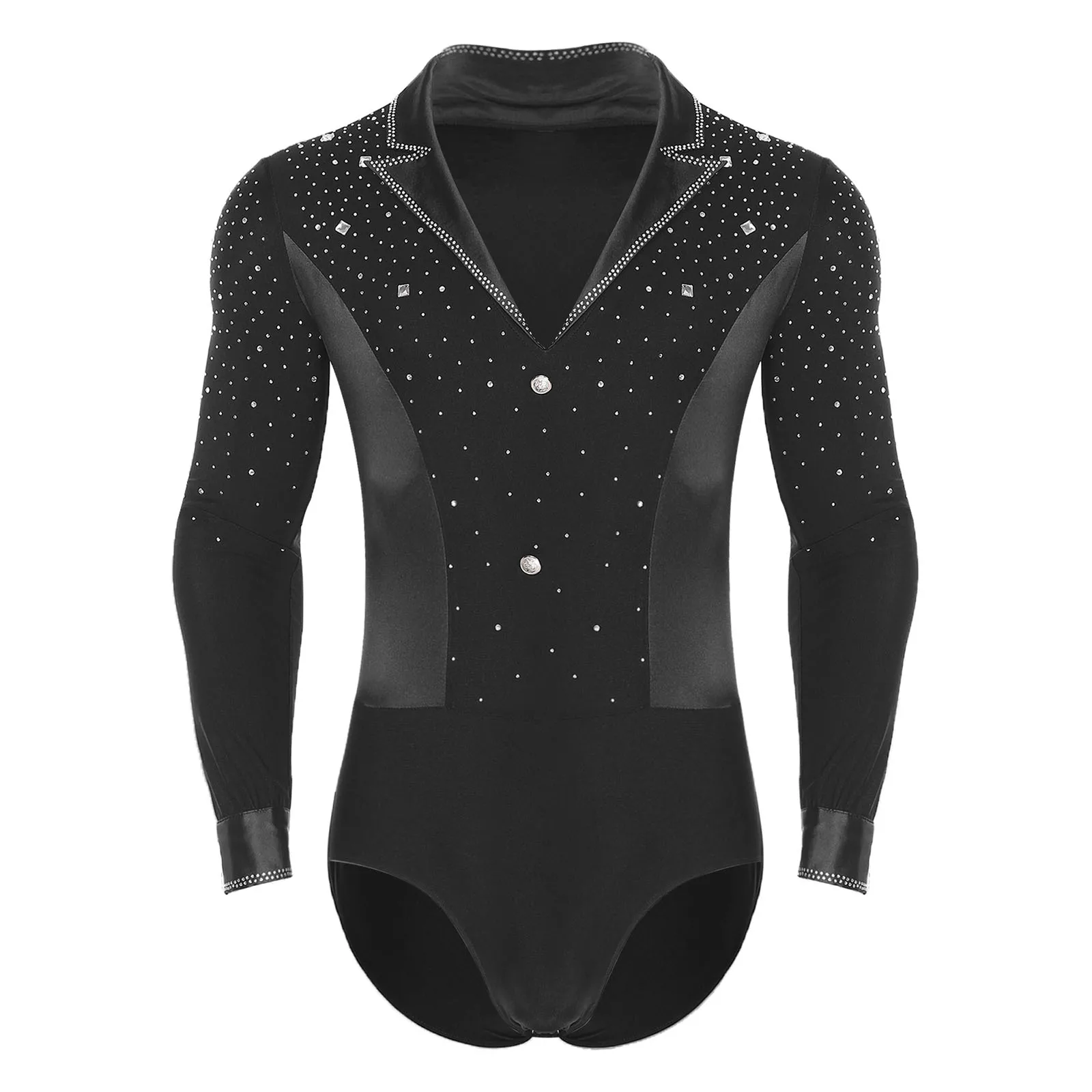 Mens Latin Tango Dance Bodysuit Shirt Glittery Rhinestone Lapel V Neck Long Sleeve Leotard Jumpsuit for Chacha Figure Skating