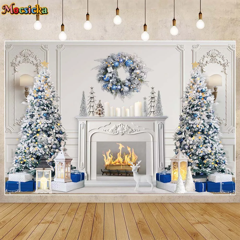 

Mocsicka Christmas Backdrop Fireplace Xmas Tree Wreath White Palace Wall Kids Photo Shoot Family Portrait Photography Background