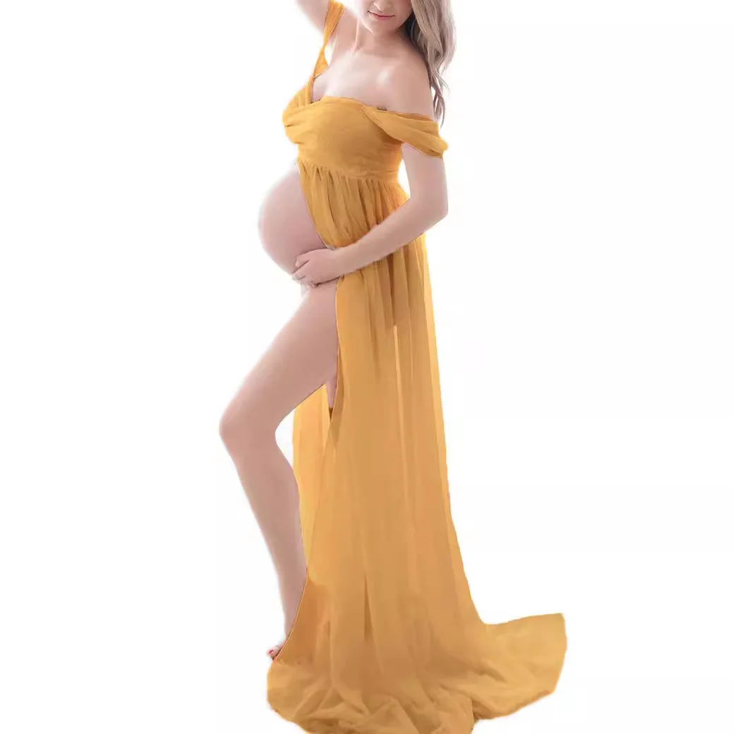 Vestido de maternidad para sesión de fotos, gasa plisada, manga larga, hombros descubiertos, cuatro piezas, estilo bohemio, vestido de fotografía para mujer