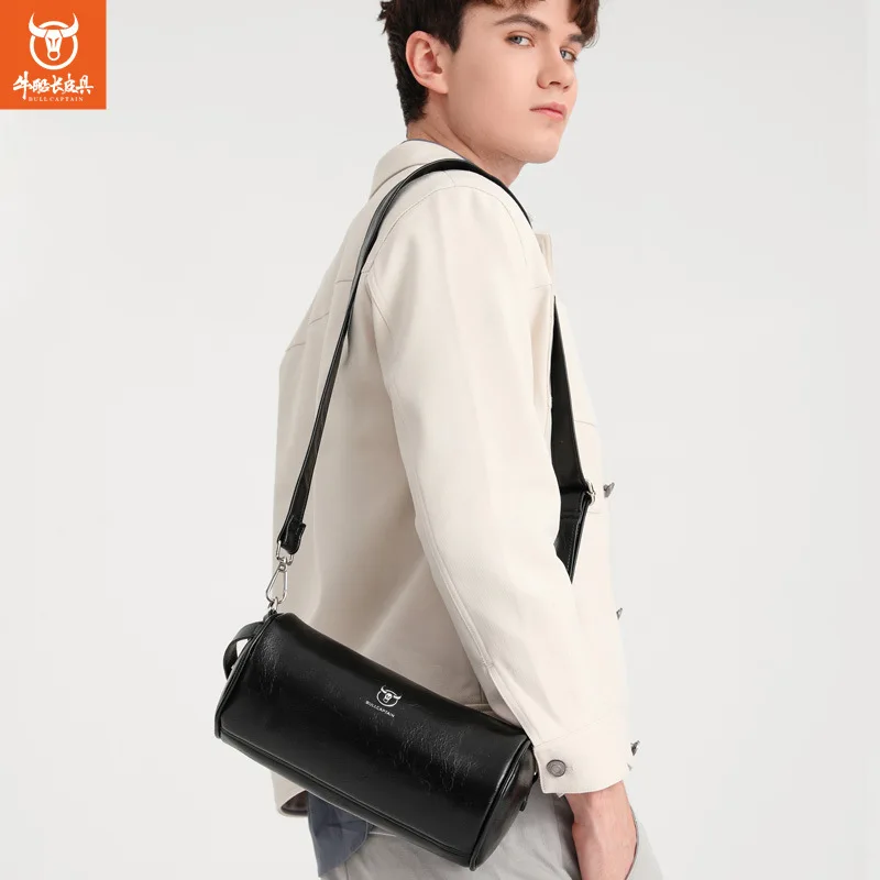 BULLCAPTAIN New Cylindrical Shoulder Bag Husband Fashion Crossbody Bags for Men Soft Leather Portable Handbags Luxury Men\'s Bag