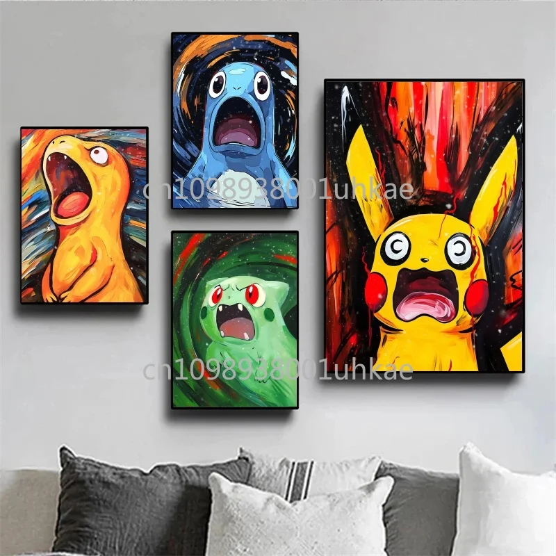 

Anime Pokémon Gengar Bulbasaur Squirtle Pikachu Charmander Van Gogh Art Style Canvas Painting HD Watercolor Printing Poster