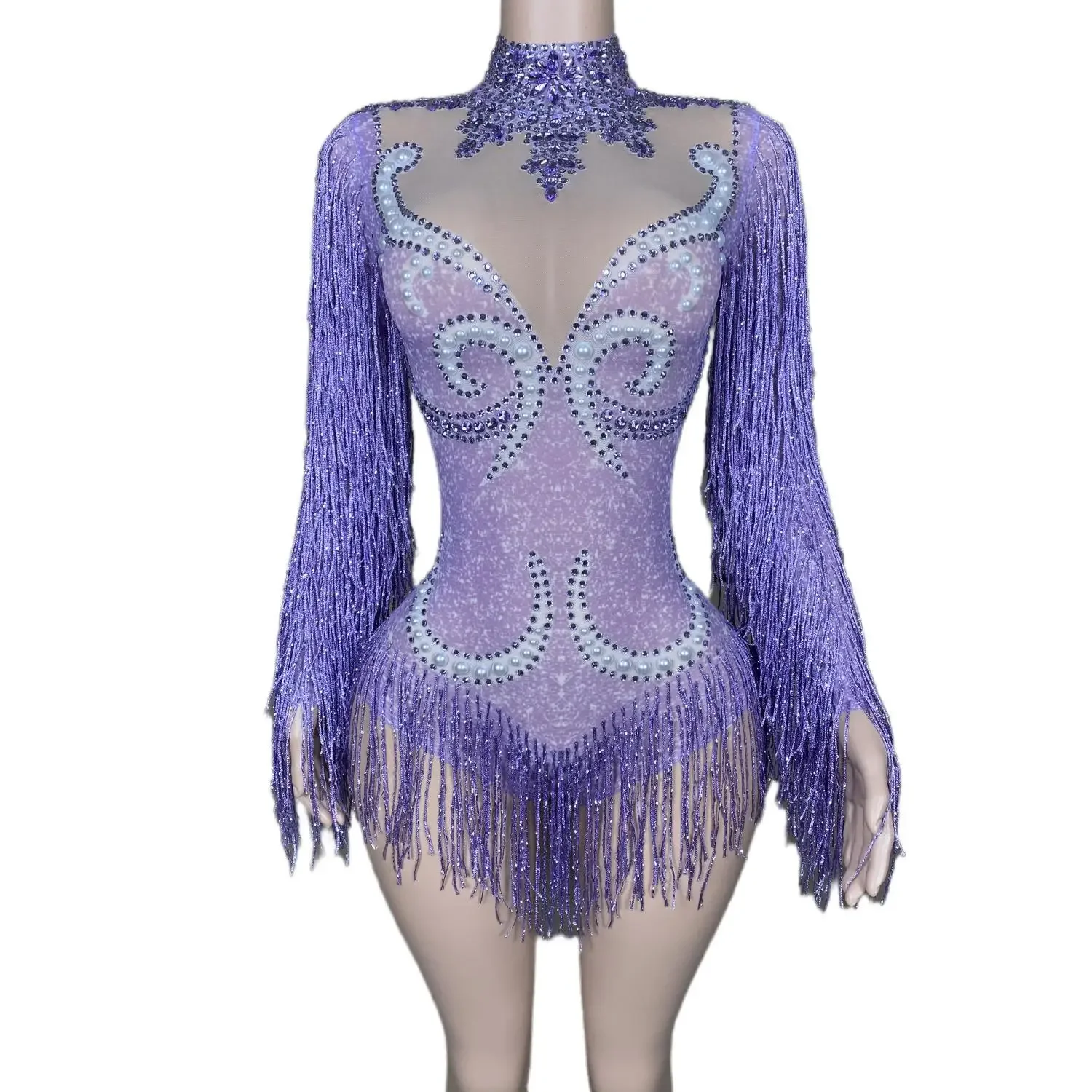 Fashion Gray Fringe Purple Rhinestones Pearls Transparent Bodysuit Women Dance Show Costume Birthday Party Outfit Team Show Wear