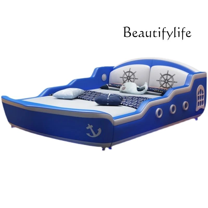 

Children's princess bed boy single with guardrail solid wood pirate ship girl 1.5m cartoon economy leather bed