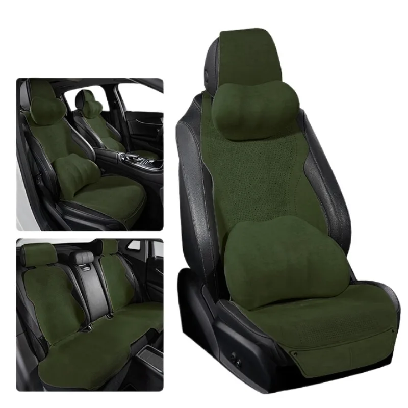 Cojín de asiento de coche de gamuza abatible, almohadilla universal para sillín de coche para mujer de cuatro estaciones, verde militar, versión de lujo de cinco asientos