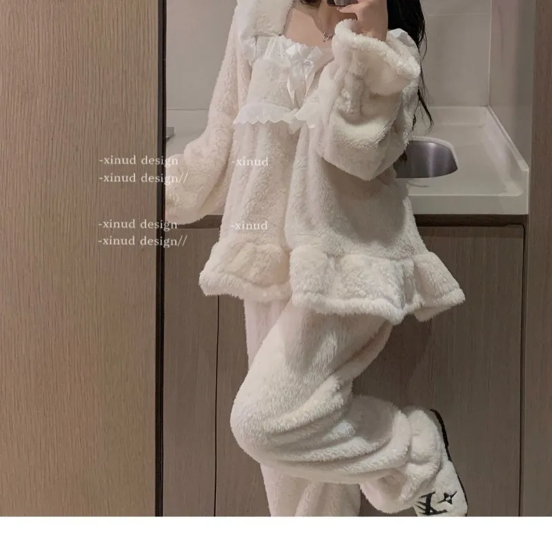 Lace Sleepwear Women Pajamas Set Winter Piiama Pants Warm 2 Pieces Fluffy Night Wears Pyjamas Square Collar Home Wear 2023 New