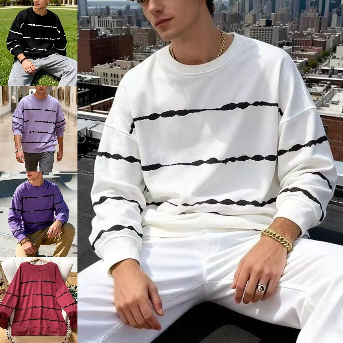 New Men's Crew Neck Loose Large Size Sweater Simple Casual Long Sleeve T-Shirt Bottom Shirt Men's