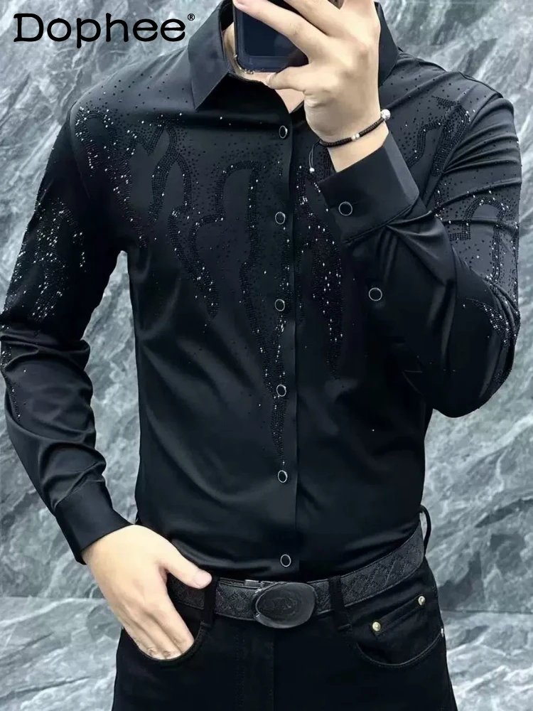 2024 primavera outono novas camisas bonitas masculinas casuais de negócios manga longa camisas de cor sólida fino ajuste strass na moda masculino topos