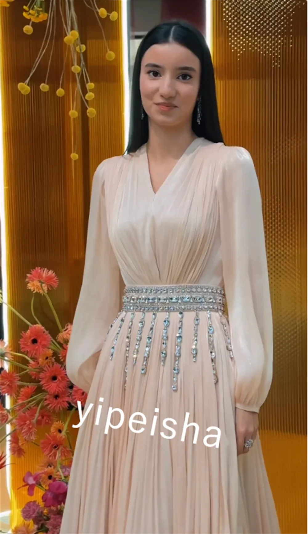 Customized Jersey Draped Beading Christmas A-line V-neck Bespoke Occasion Gown Long Dresses