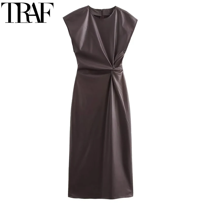 TRAF Woman Dresses Sleeveless Faux Leather Long Dresses For Women Ruched Autumn Midi Dresses Fitted Elegant Brown Party Dresses