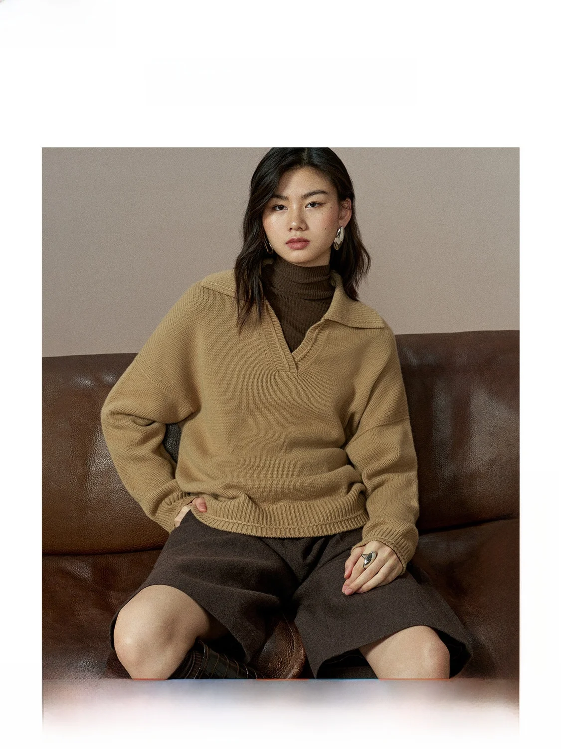 

High nce Sensation Wool Knitted Ne Upperwear Layerable Soft Warm Long Sve Pure Color Retro Sle Women's K...