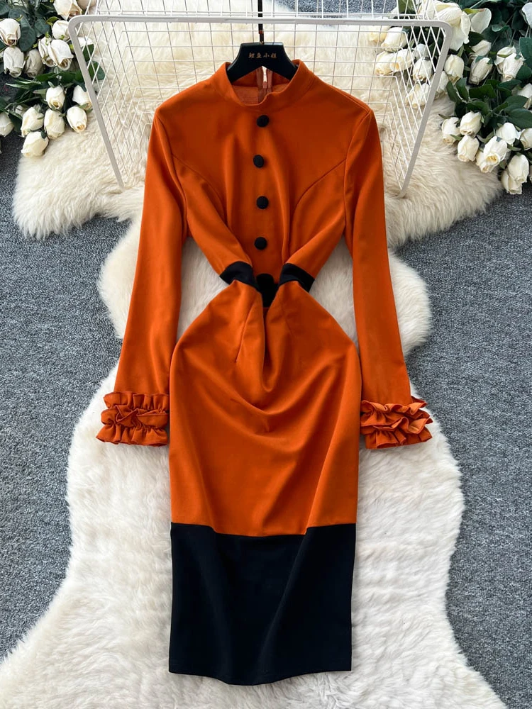 

Женское трикотажное платье А-силуэта с круглым вырезом, воротником-стойкой, длинными рукавами, высокой талией, из полиэстера, для офиса, летнее