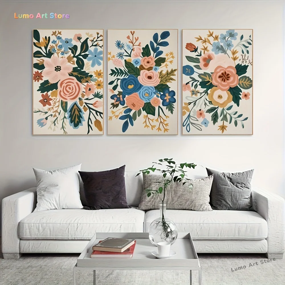 2D Flat, 2D Flat, 2D Flat Three-Piece Modern Retro Abstract Floral Canvas Prints - Nordic Style Wall Decor Featuring Vibrant