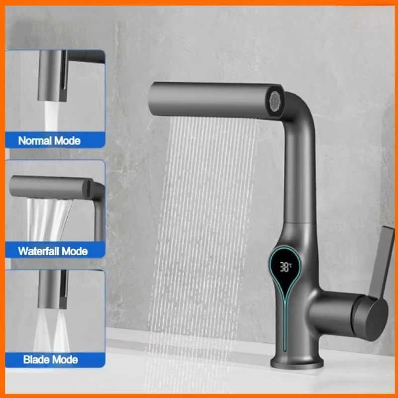 Digital Display Waterfall Faucet for Bathroom Sink Hot Cold Water Mixer Wash Tap with Lift up down Stream Sprayer