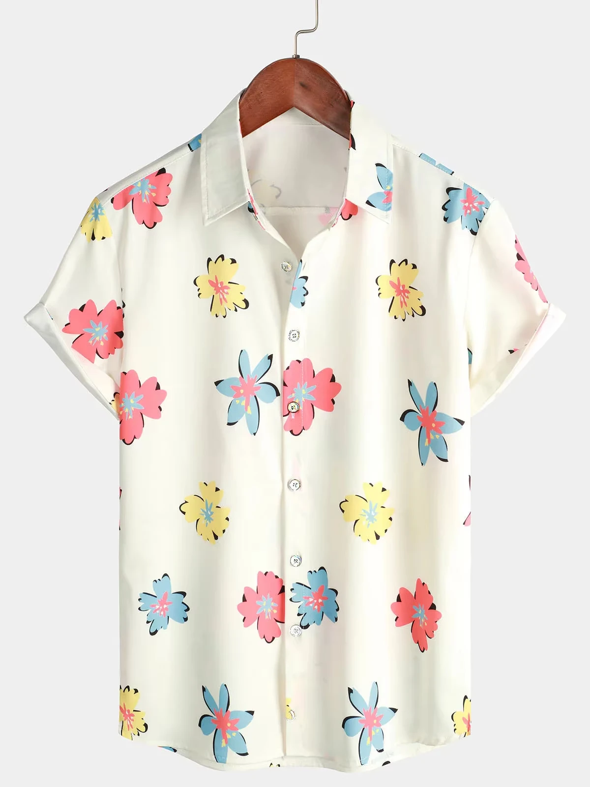 

​​2024 Men's Pink Sakura Floral Lapel Print Short Sleeve Hawaiian Vacation Beach Shirt with Comfort Fit and Stylish ​​