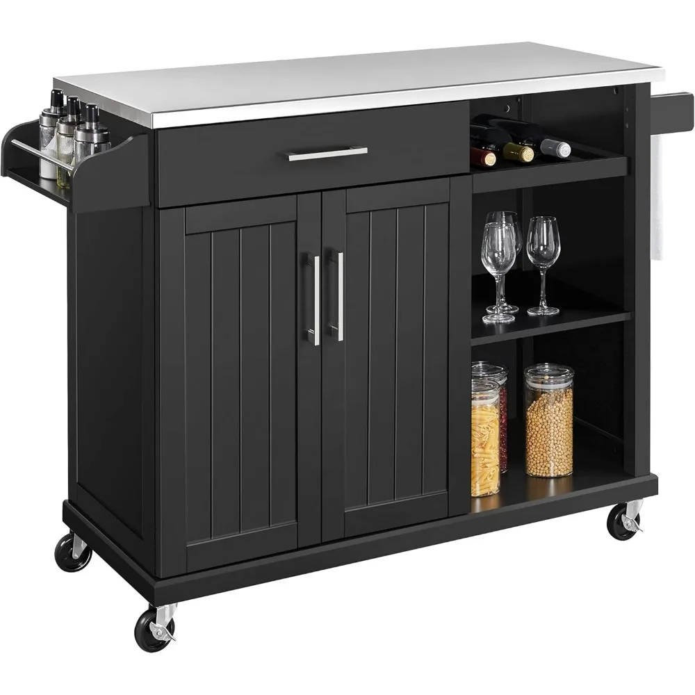 Wheeled kitchen cart with stainless steel countertop and storage cabinet, drawers and open shelves, wine rack and spice rack