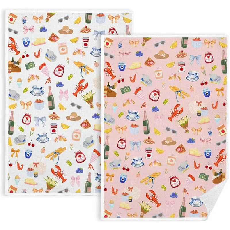 2Pcs, Pink Seafood Kitchen Towels, 40Cm*60Cm Towel Set, Best Kitchen Towels, Super Absorbent Soft Cleaning Cloth, Cooking and Baking Tea Towels, Hand Towels, Cleaning Cloths, Dishcloths, Kitchen Decor, Living Room Decorations, Kitchen Essentials, Home Essentials