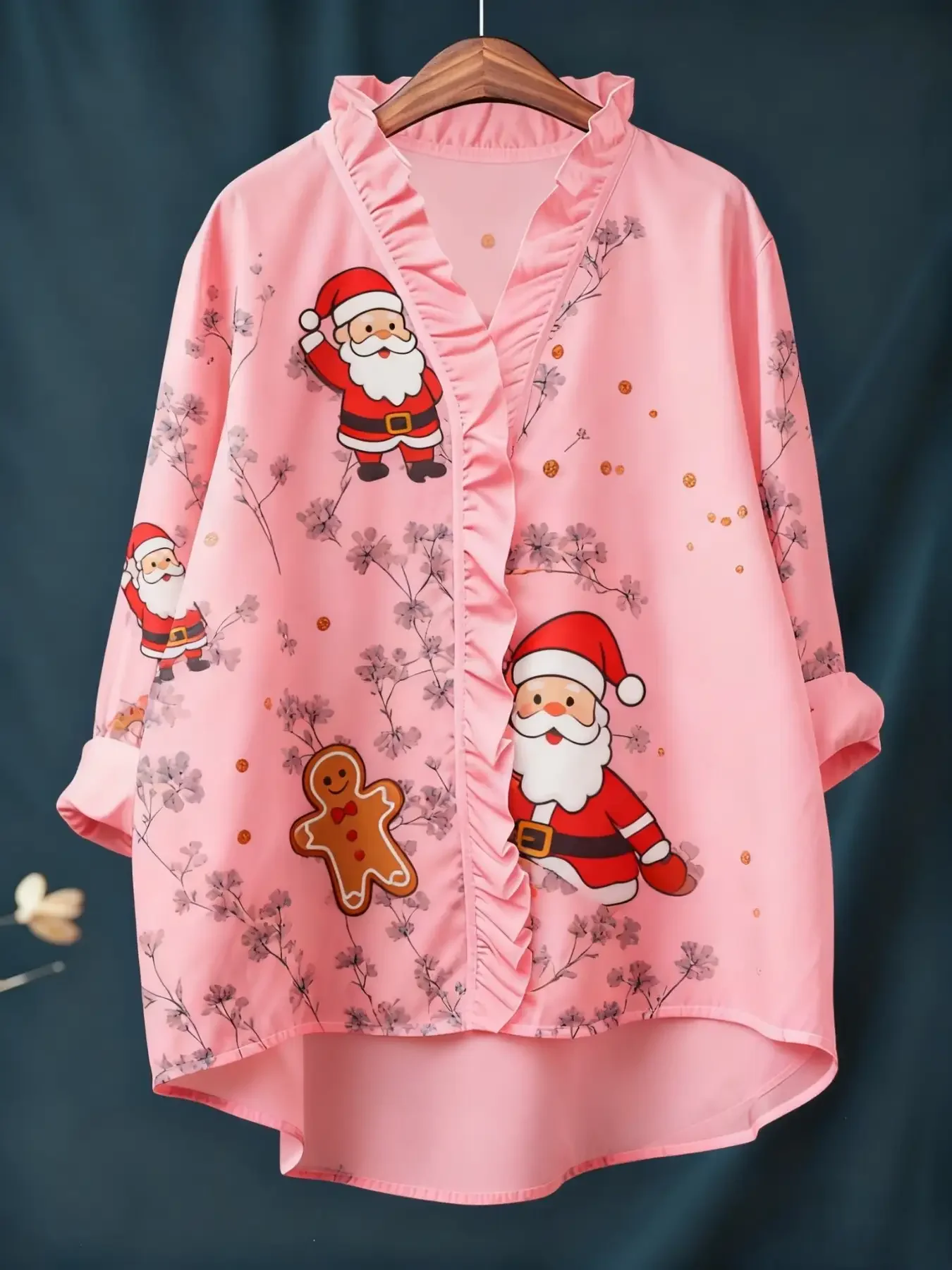 New women's Christmas digital printed long sleeved shirt ,Lotus leaf edge full body abstract color blocked shirt jacket