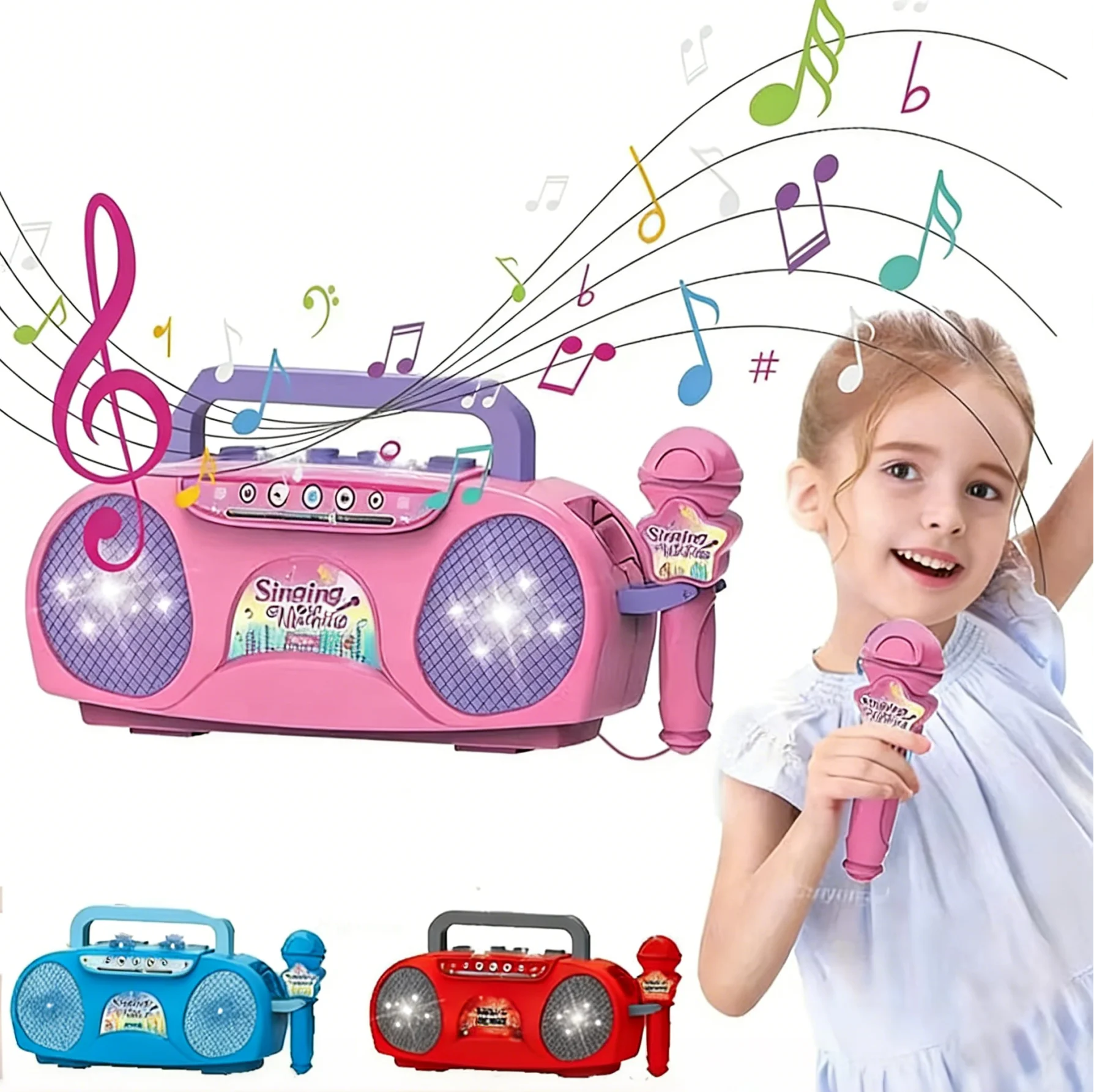 Macchina per canto karaoke con microfono Strumento musicale portatile con luce Giocattolo educativo per bambini Ragazza Ragazzo Regali di compleanno per feste