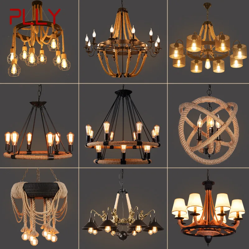 

PLLY American Style Retrohemp Rope Chandelier Nostalgic Loft Industrial Style Internet Cafe Restaurant Hot Pot Shop Pendant