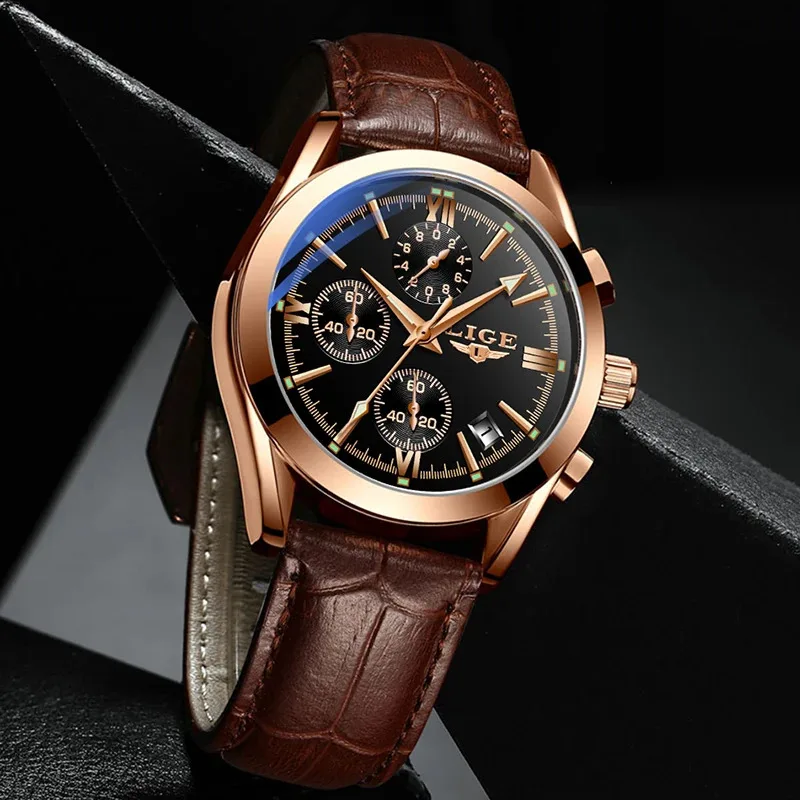 LIGE New Fashion Men\'s Watches Top Brand Luxury Casual Military Leather Quartz Man Watch Business Waterproof Sports Chronograph