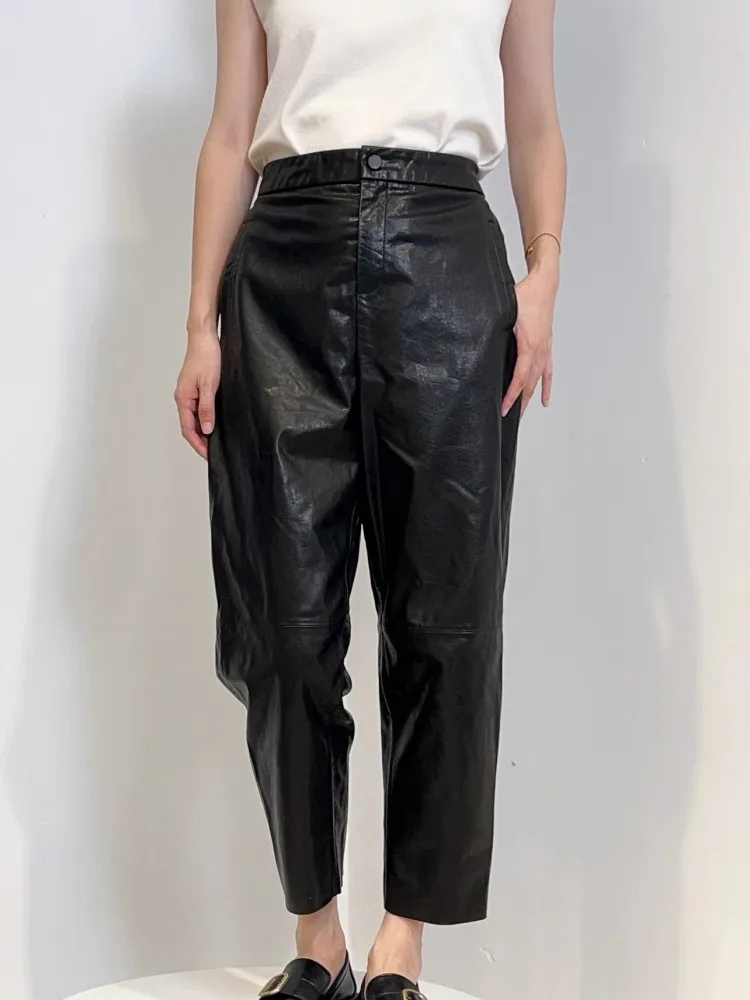 Autumn New Women Oil Wax Cowhide Genuine Leather Harem Pants High Waist Loose Fit Elastic Waist Casual Office Ladies Work Pants