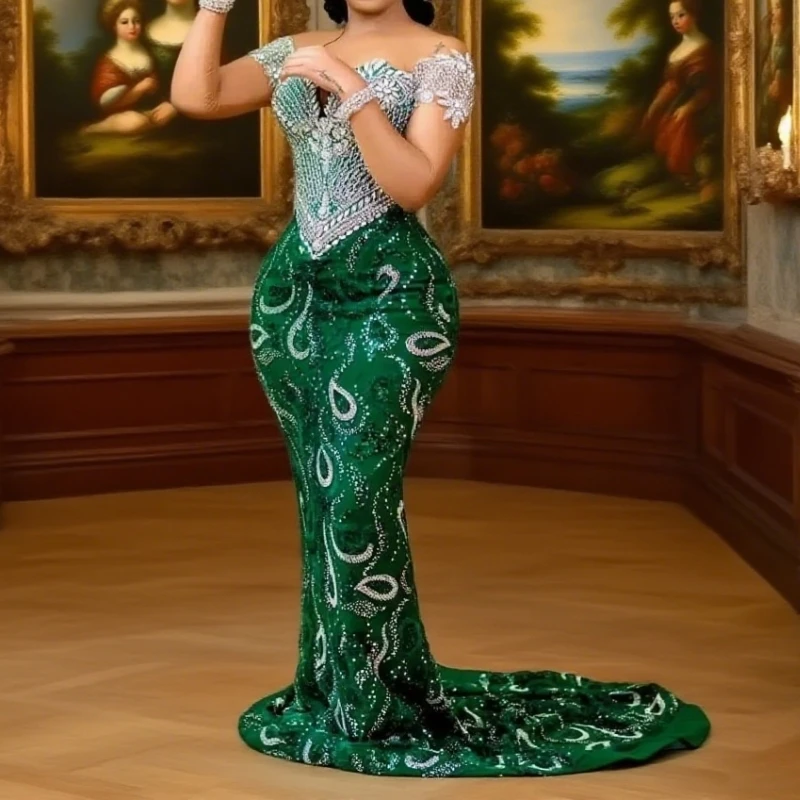 

Green Mermaid Prom Dress Beaded Crystals Sequined Evening Formal Party Reception Birthday Engagement Gowns Dresses Robe