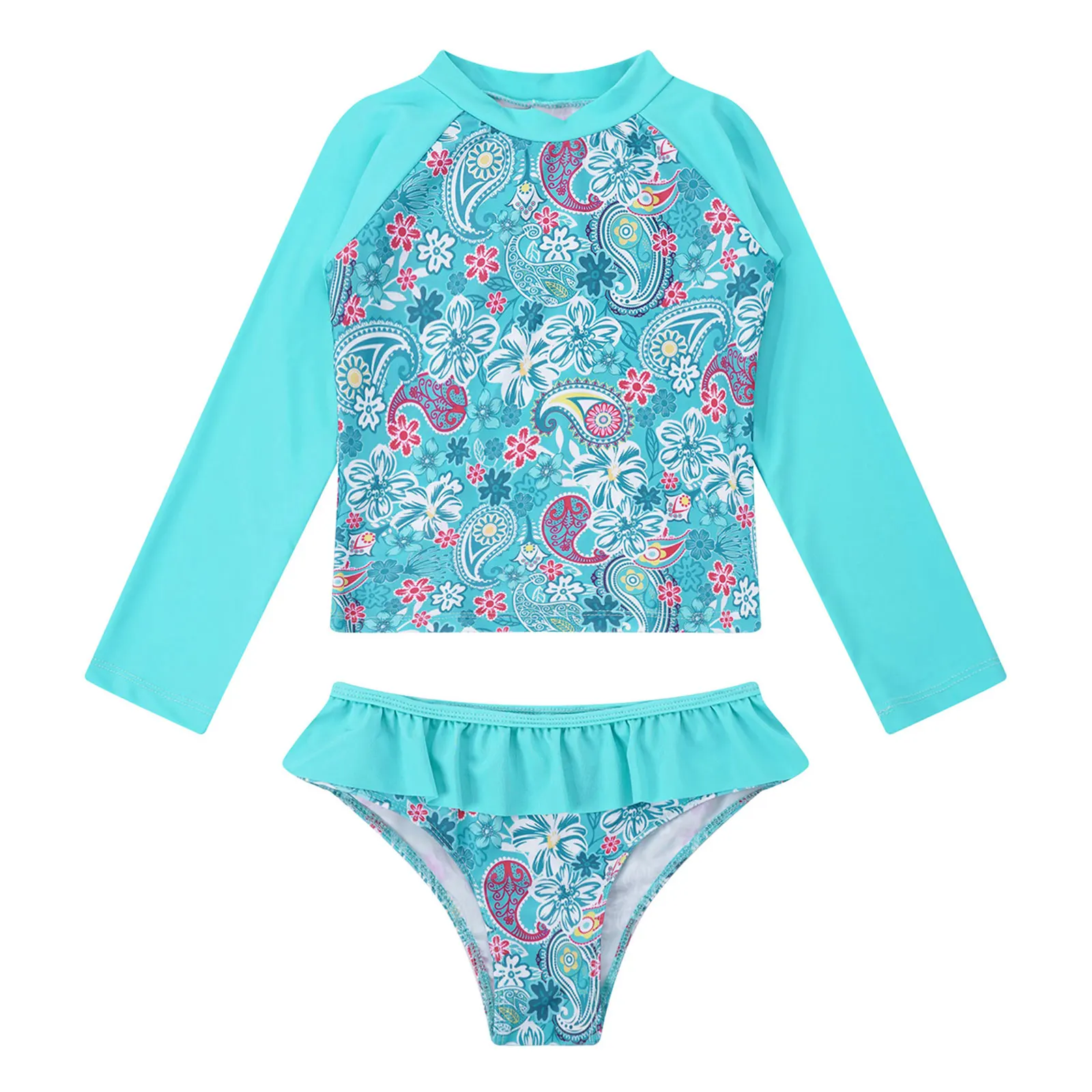 キッズガールズタンキニセット長袖ラッシュガード水着水着水着水着水着セット魚の鱗プリントトップス