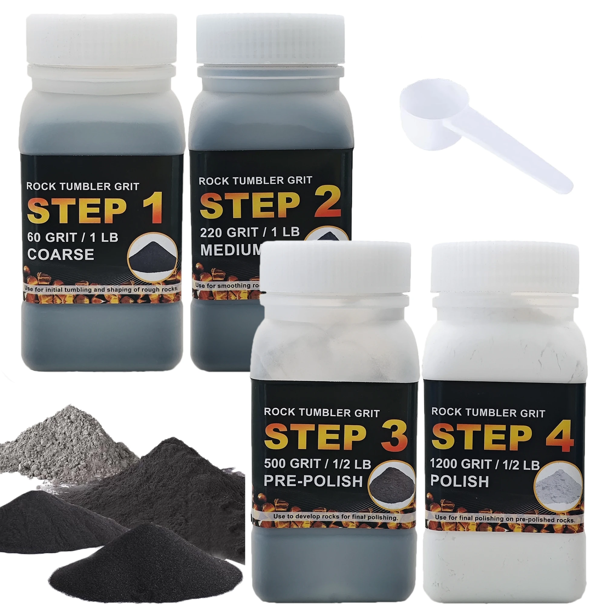 3 LB Rock Tumbler Grit and Polish Refill Kit, 4-Step Tumbling Media Coarse/Medium/Pre-Polished/Final Polish, Silicon Carbide Gri