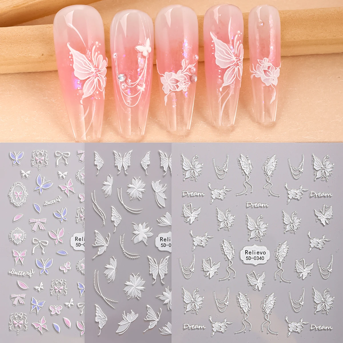 

3pcs 5D White Flowers Nail Art Stickers Emboss Butterfly Pearl Bow Self-Adhesive Nail Decals for Nails DIY Manicure Decoration