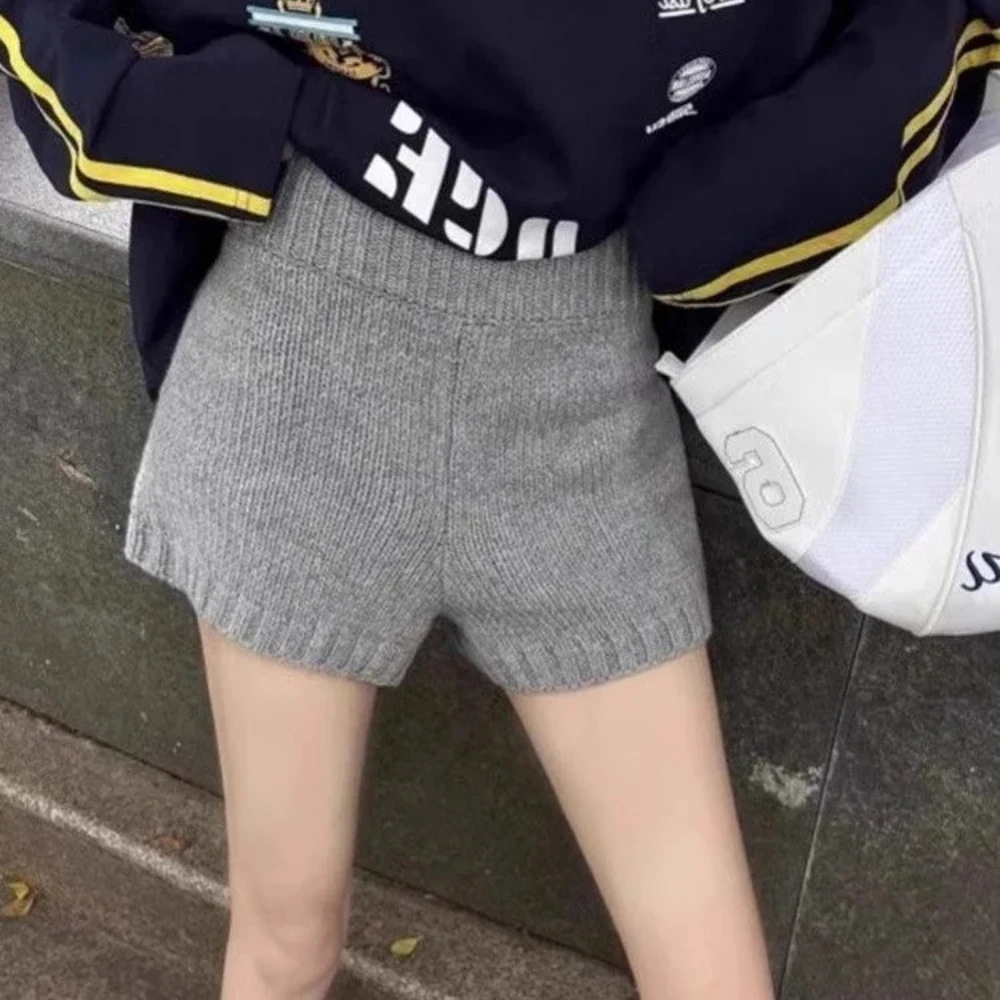 

2026 весенние женские прямые вязаные шорты для девочек, эластичные шорты со средней талией, темно-серые светло-серые