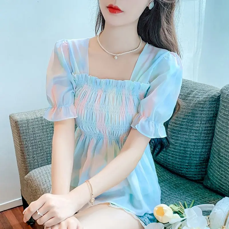 

French Sweet Square Neck Short Sleeve Blouse Waist Cinching Designer Inspired Flattering Fit Summer Boutique Top for Women​