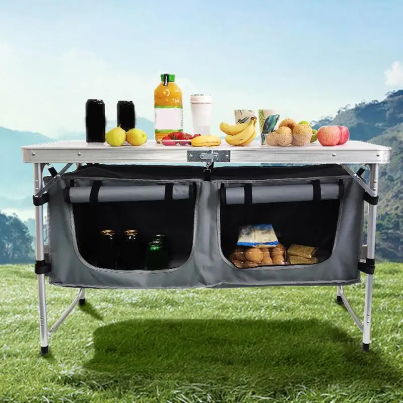 

Portable Folding Table Camping Tableware Table With Cloth Cabinet Aluminum Alloy Travel Storage Table Fireproof Waterproof