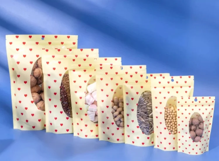 100PCS Stand-up Plastic Heart Ziplock Packaging Bag DIY Logo Matcha Coffee Cocoa Candy Sugar Dates Window Gift Storage Pouches