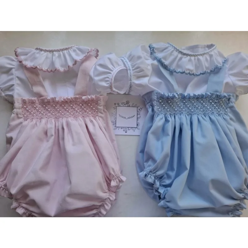0-6  Year Summer Baby Girl Pink Blue Hand Smocked Embroidery Outfit Set for Newborn Birthday Party Casual Photography A346