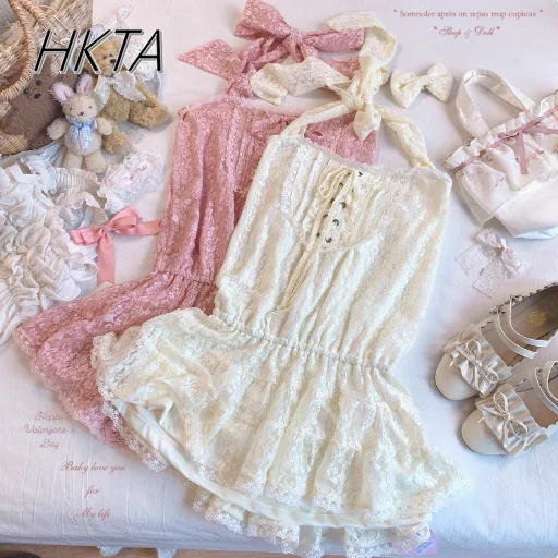 Japońska Sukienka Lolita w Stylu New Vintage Kawaii z Paskiem na Szyję, Podkreślająca Talia, Koronkowa Sukienka dla Gorącej Dziewczyny, Słodka i Urocza Letnia Koronkowa Krótka Sukienka Lolita Damska