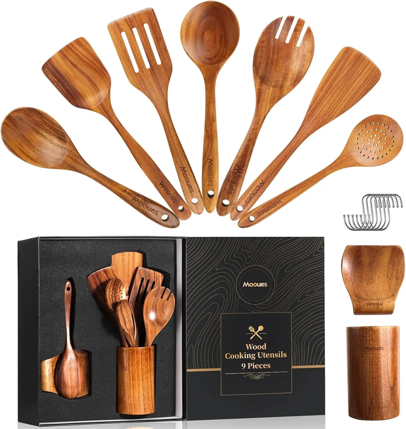 

9-Piece Teak Wooden Kitchen Utensil Set, Smooth Heat-Resistant Cooking Spoons with Gift Box
