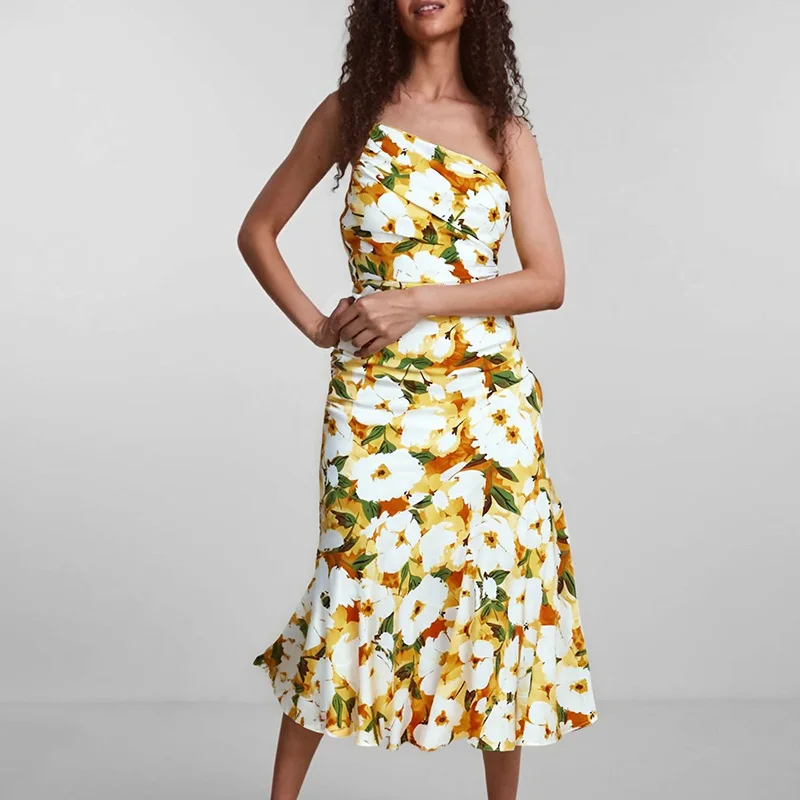

Temperament Diagonal Collar Print Long Dresses Sexy Off Shoulder Fit Evening Party Dress For Women Summer New Sleeveless Dresses