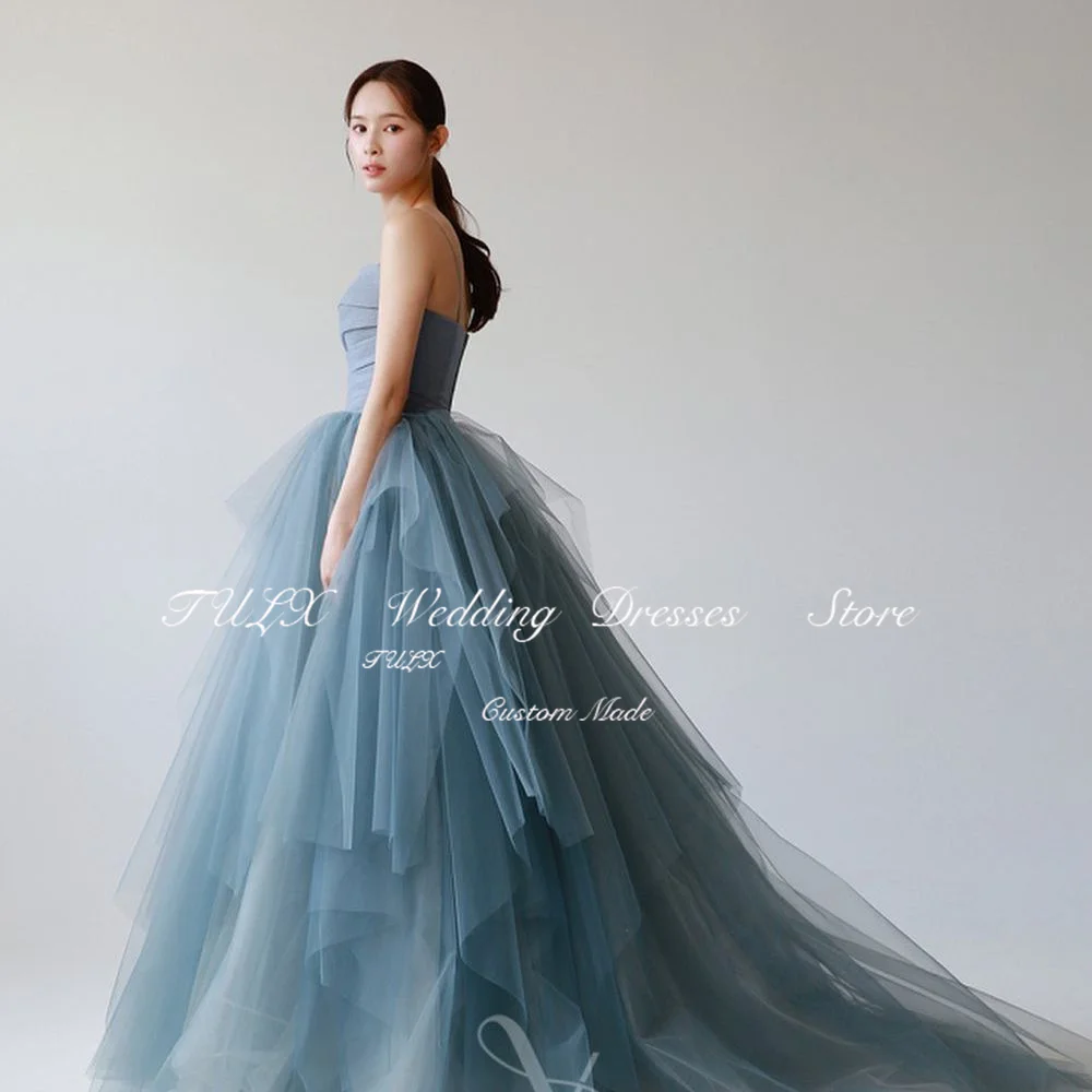 TULX Fairy Blue Tulle Evening Dress Korea Wedding Photo Shoot Dresses Straps Bridal Gowns Evening Party Dress Corset Back Custom