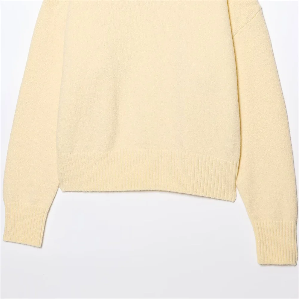 Novo simples e elegante feminino cor sólida macio em torno do pescoço manga comprida pulôver casual camisola de malha