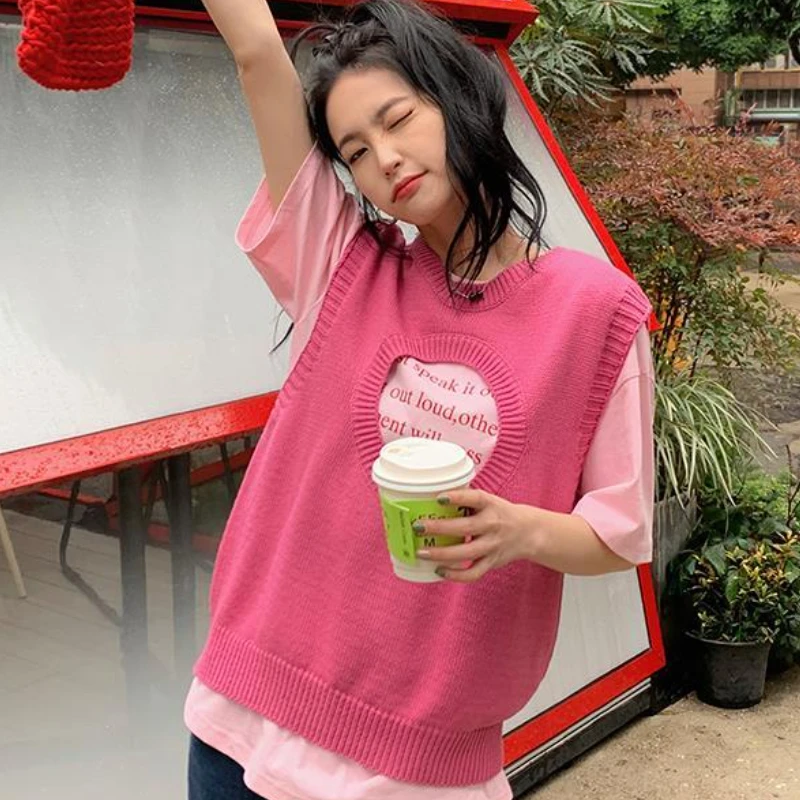 

Sweater Vest Women Solid Hollow Out Baggy Korean Style All-match O-neck Fashion Soft Streetwear Chic Casual Basics Spring Simple
