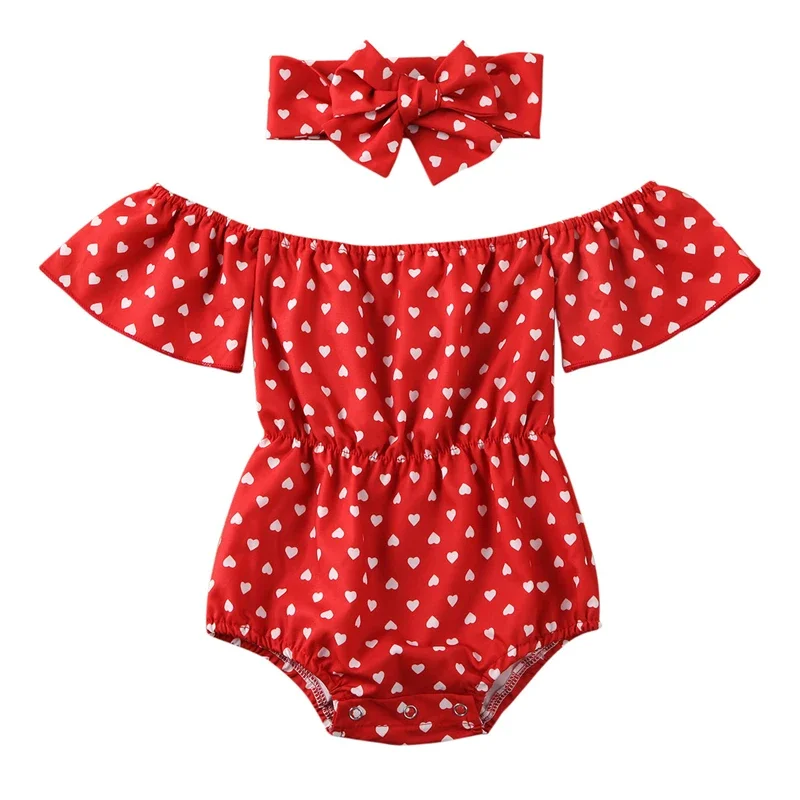 

Newborn Baby Girls Heart Print Off Shoulder Jumpsuit Set