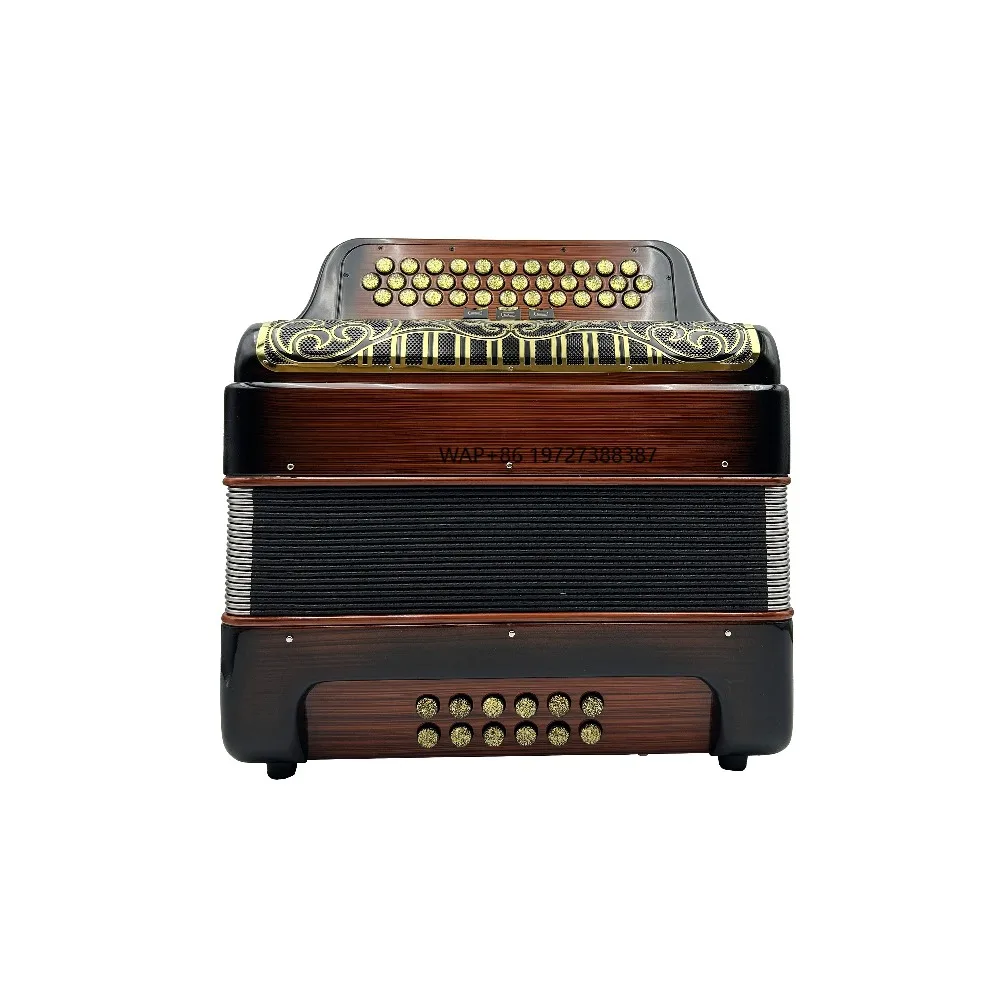 

Professional Portable 34 Buttons 12 Bass 3 Registers Diatonic Wood Flame Body Accordion Instrument Black Gold Grill