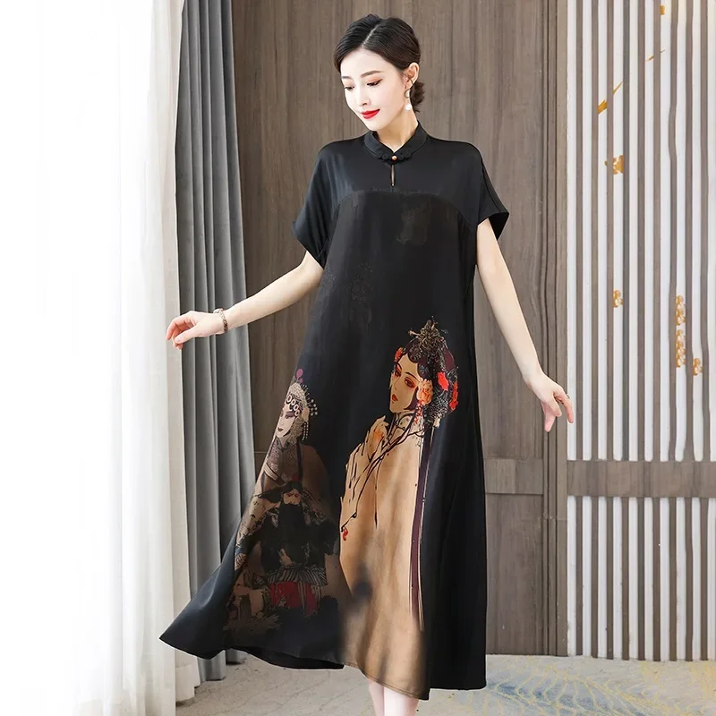 Cheongsam luźne długie orientalne sukienki letnie krótkie rękawy elegancka sukienka na imprezę dla kobiet sukienki w stylu chińskim vintage 129
