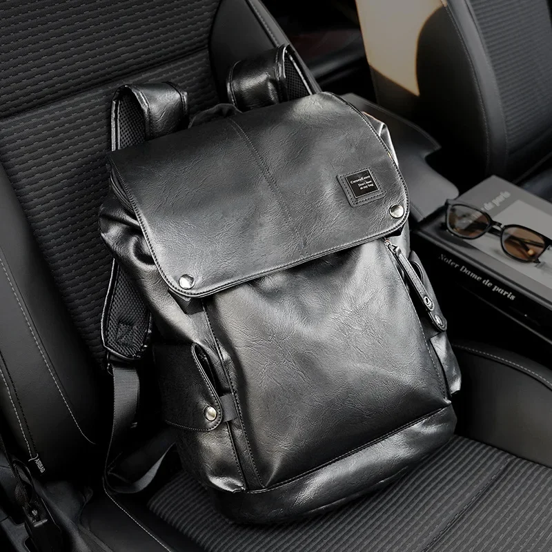 New Fashion Backpack Men Laptop Bag Large Capacity USB Travel backpacks Men Women Flap Pockets School Bags PU Leather Back Packs