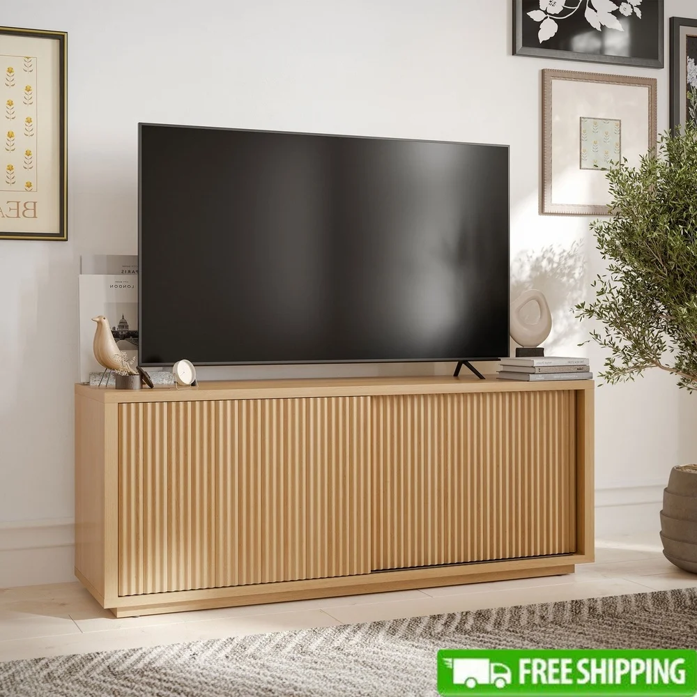 

Fluted TV Stand TVs up to 70 inch with Double Sliding Doors Adjustable Shelves Cable Management Modern Wood Console