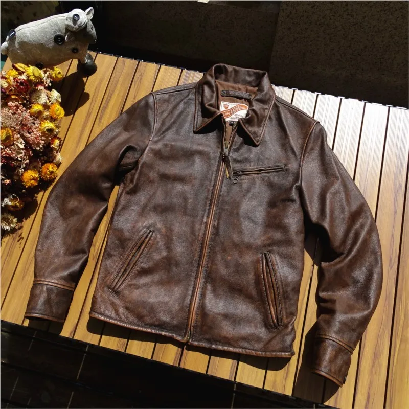 Elegant fashionable and casual heavily washed aged tea core calfskin leather  coat