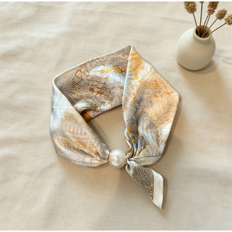 

Spring Summer Magnetic Buckle Scarf Pearl High-end Artistic Small Square Scarf Elegant Simulate Silk Satin Neck Protection Scarf