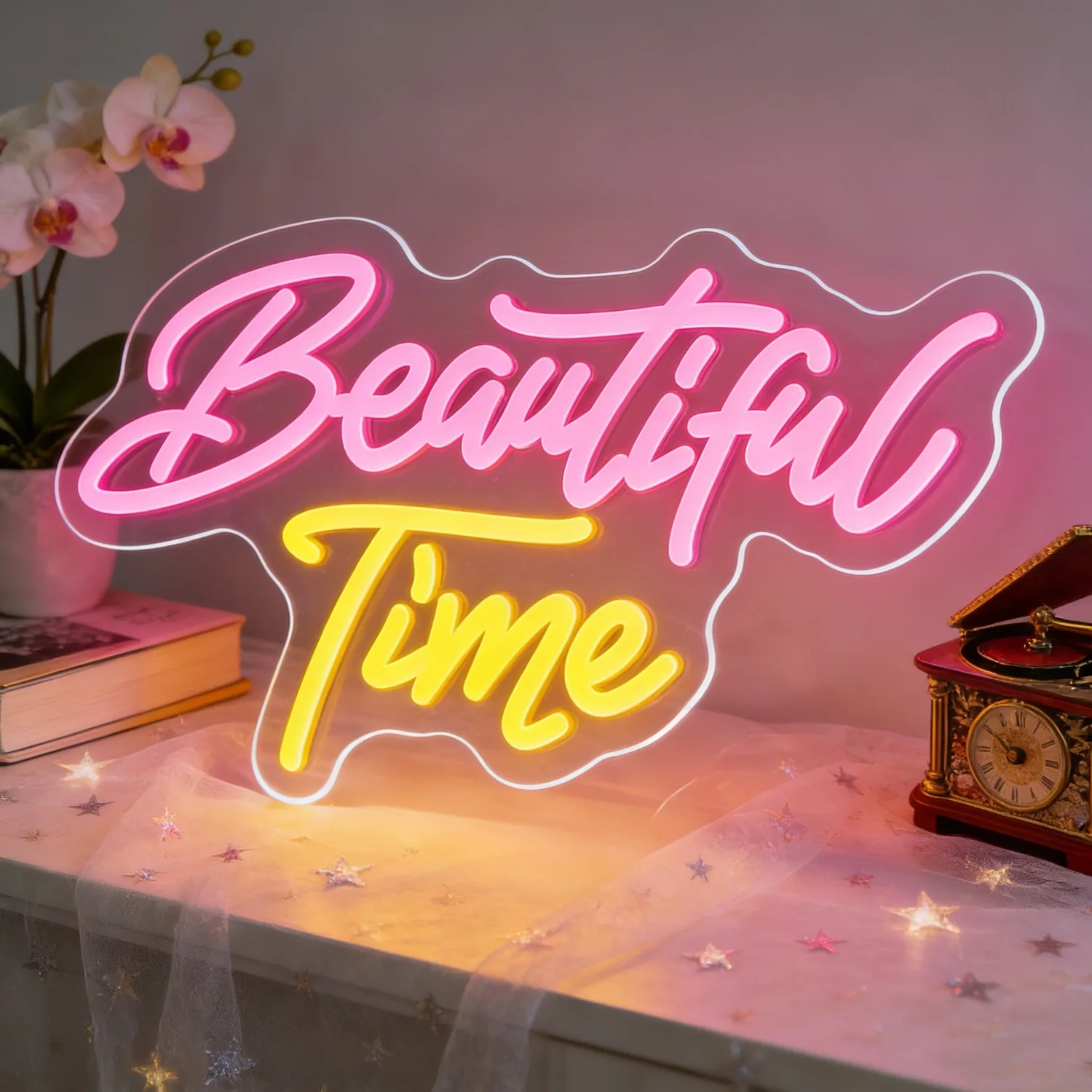 

Неоновая вывеска Beautiful Time: Декоративная светодиодная неоновая лампа с регулировкой яркости для гостиной, спальни, кофейни, декора на свадьбу, подарок на годовщину