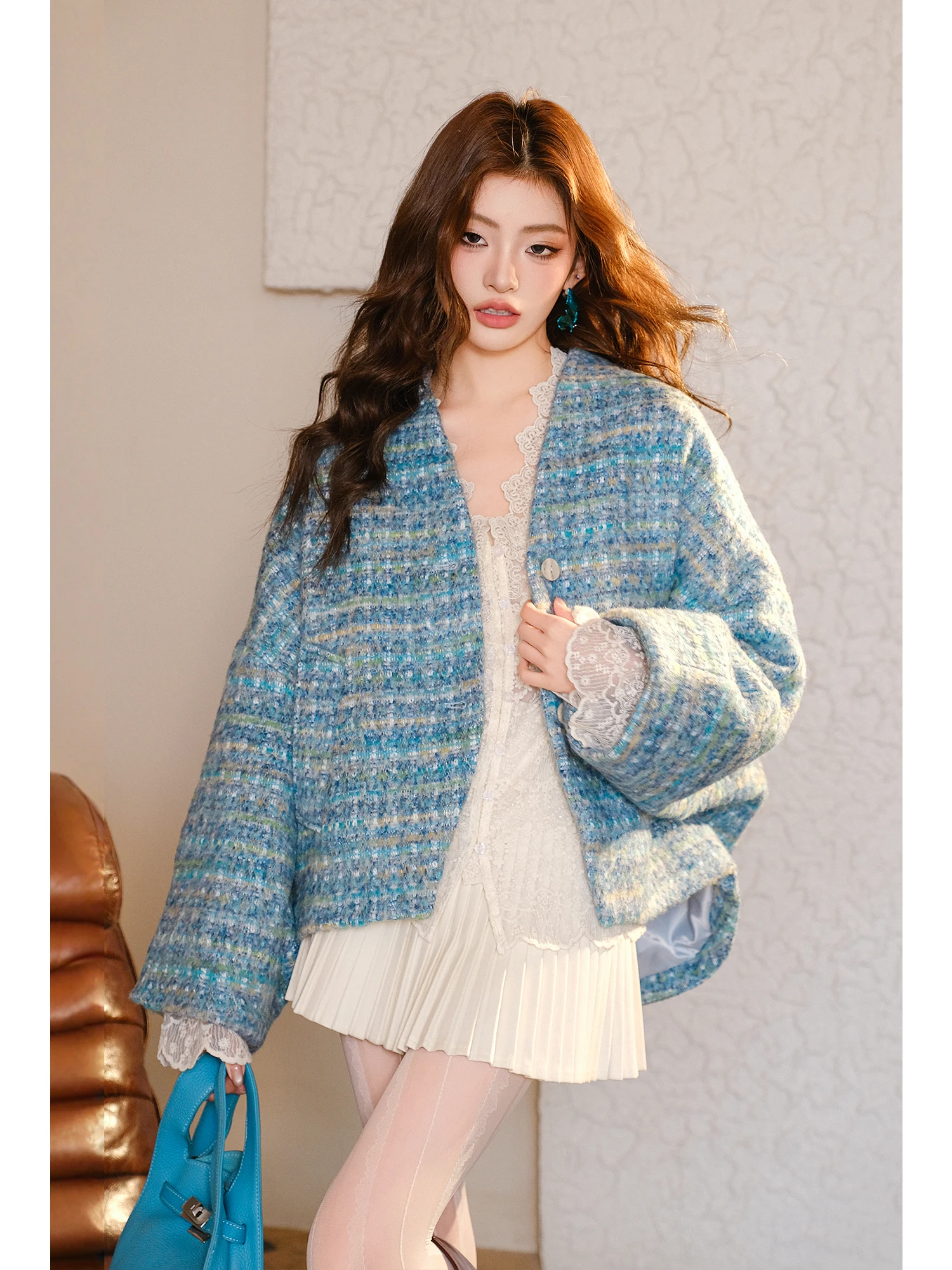

MIUCO Winter Woolen ort Coat V-Ne High-End Blue Icebreaker Tweed Women's Faion Straight Cut Long Sve Coat