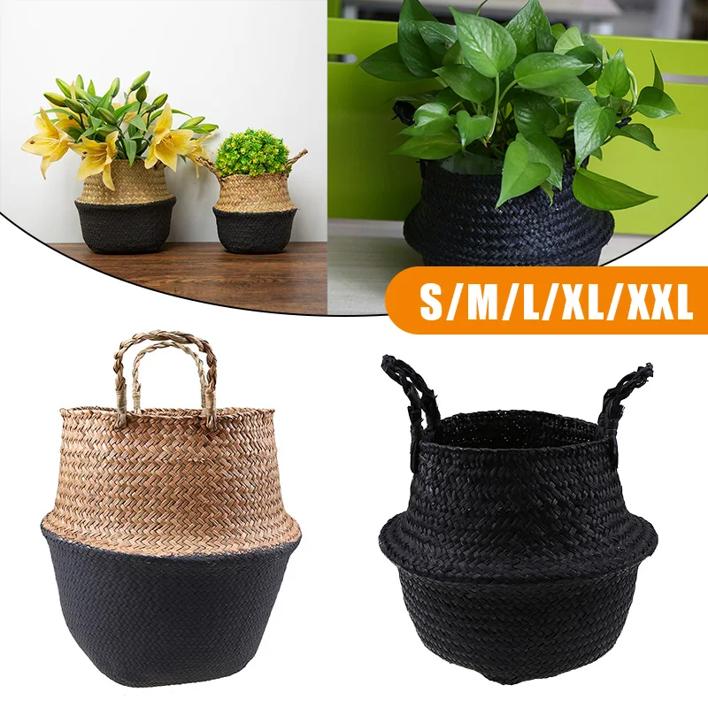 S/M/L/Xl/Xxl Handmade Storage Basket Seagrass Folding Planter Collapsible Rattan Belly Garden Flower Pot Home Decoration